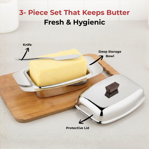 Vinod Stainless Steel Butter Dish With Butter Knife and Lid Highest Grade Steel Build Rust Free Finish And Dishwasher Safe Design