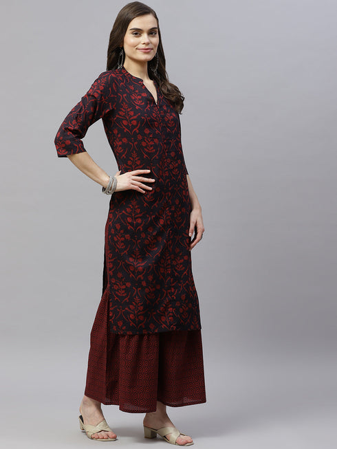 Miravan Womens Maroon Cotton Floral Print Straight Kurta Sharara And Dupatta Set