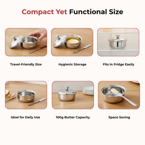 Vinod Stainless Steel Butter Pot with Butter Knife and Lid 100 gram Capacity Highest Grade Steel Rust Free Dishwasher Safe Tough Build