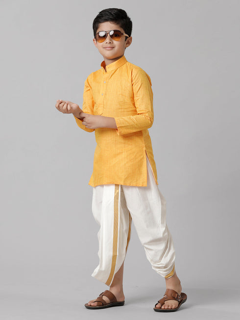 Ramraj Cotton Boys Yellow Kurta with Cream Elastic Panchakacham Combo FS1