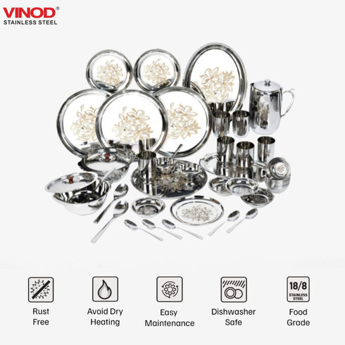 Vinod 51 Pieces Laser Stainless Steel Dinner Set Heavy Gauge steel Tough and Strong Durable shine Dishwasher safe and ISI certified