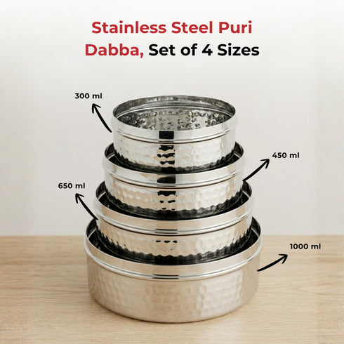 Vinod Stainless Steel Hammered Puri Dabba Set of 4 Capacity 300 ml 450 ml 650 ml 1000 ml Heavy Gauge Steel Airtight Lids Rust Free