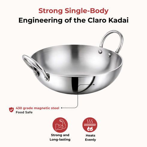 Vinod Claro Heavy Gauge Stainless Steel Kadai Plain 2.5 mm 1700 ml