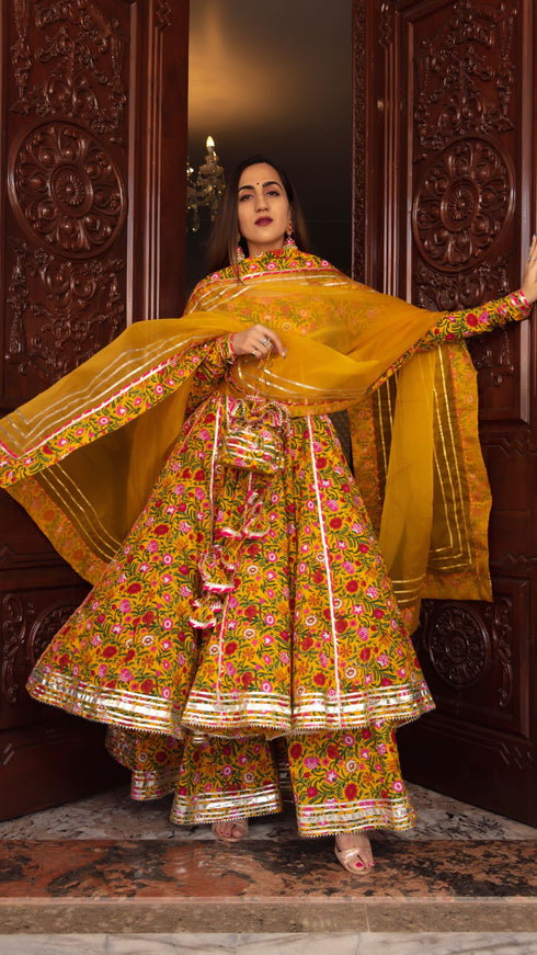 Pomcha Jaipur Yellow Cotton Hand Block Print Anarkali Plazo Set With Organza Dupatta