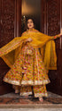 Pomcha Jaipur Yellow Cotton Hand Block Print Anarkali Plazo Set With Organza Dupatta