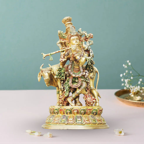 Brass Krishna With Cow Big Idol 8.26Kg