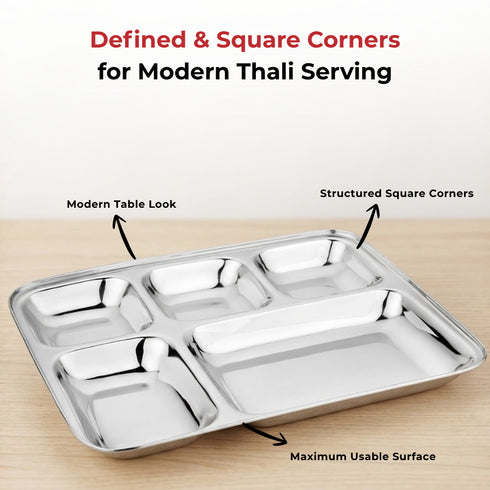 Vinod Stainless Steel 5 Compartment Plate with Square Edges Lunch and Dinner Plate Bhojan Thali High Quality Steel Rust Free Pack of 2