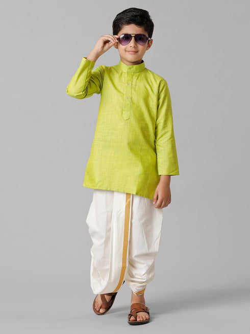 Ramraj Cotton Boys Cotton Parrot Green Kurta with Cream Elastic Panchakacham Combo FS2