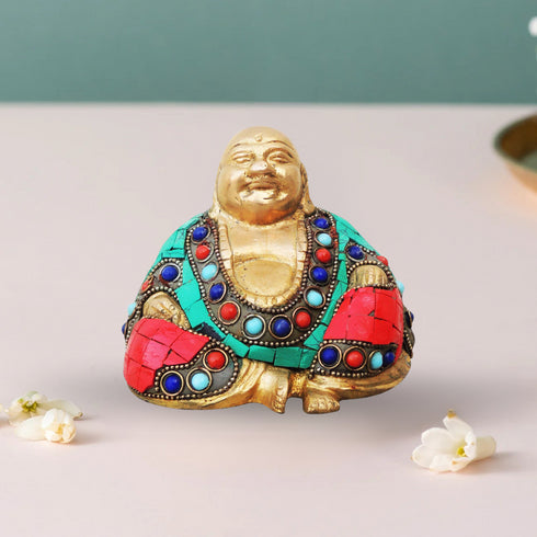 Brass Laughing Buddha Statue With Turquoise Coral 0.805Kg