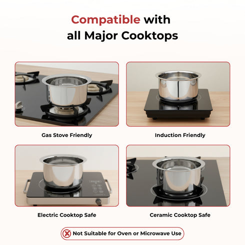 Vinod Stainless Steel Induction Friendly Flat Bottom Cooking Tope With 1.5mm Thickness 18 Gauge Durable Steel 3 Pcs Capacity 1400ml 1800ml and 2300ml No 11 to 13