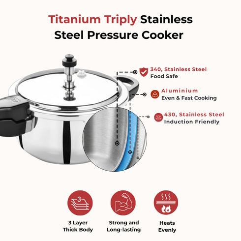 Vinod Doniv Titanium Triply Stainless Steel Pressure Cookers 5 Ltr Outer Lid Induction Friendly
