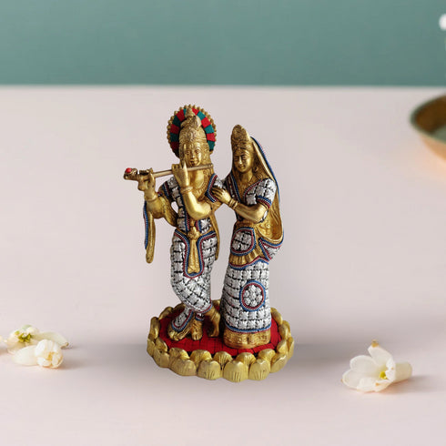 Brass Radha Krishna Same Base Stone God 3.77Kg