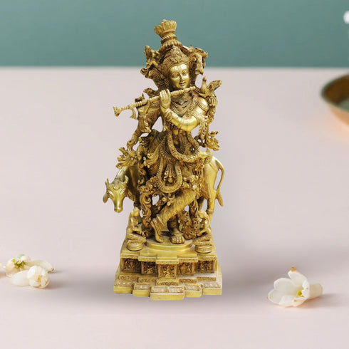 Brass Cow With Krishna God Idol Statue 34Kg