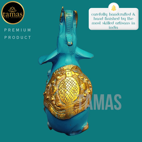 Tamas Brass Handcrafted Ethnic Elephant Showpiece Trunk Up Statue / Idol with Antique Finish (Golden & Blue) (Pack of 1)