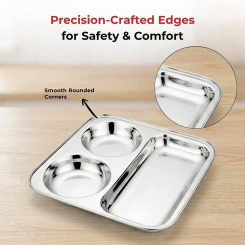 Vinod Stainless Steel 3 In 1 Compartment Plate with Round Edges Pav Bhaji Plate Idli Sambhar Plate Lunch Dinner Plate Pack of 2