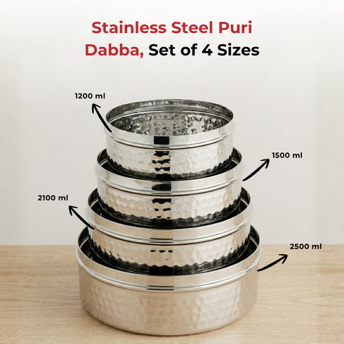 Vinod Stainless Steel Hammered Puri Dabba Set of 4 Capacity 1200 ml 1500 ml 2100 ml 2500 ml Heavy Gauge Steel Airtight Lids and Rust Free