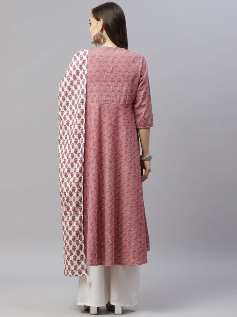 Miravan Womens Pink Cotton Floral Print Anarkali Kurta With Dupatta