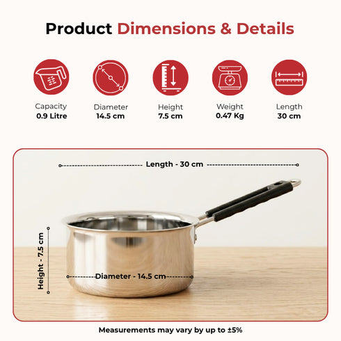Vinod Stainless Steel Royal Saucepan with Long Side Handle 900 ml Capacity No 9 Rust Free Dishwasher Safe and Induction Friendly