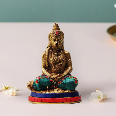 Brass Hanuman With Turquoise Coral Statue 1.63Kg