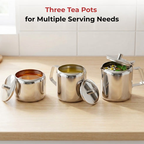 Vinod Stainless Steel 3 Pieces Jumbo Tea Set 1400 ml Tea Pot 250 ml Milk Pot and 250 ml Sugar Pot Highest Grade Steel Mirror Finish Rust Free