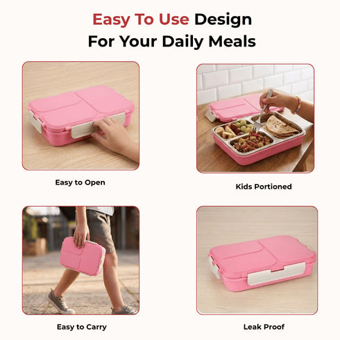 Vinod Stainless Steel Tiffin 3 Compartment Pink Airtight Silicone Sealed Lid Insulated Food Grade Steel Secure Side Clips