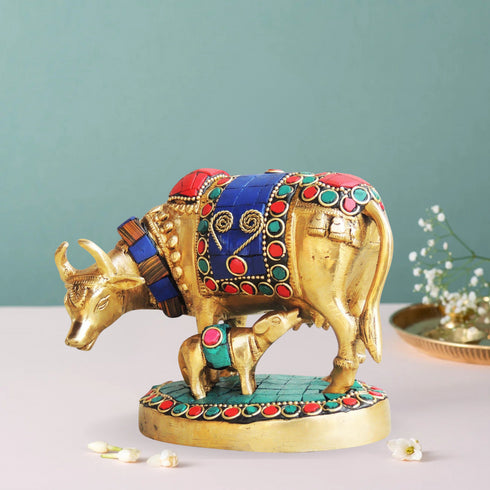Brass Cow Stone Statue 1.1Kg