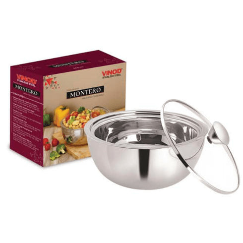 Vinod Stainless Steel Montero Insulated Casserole with Glass Lid and Steel Knob 500 ml PUF Coated High Quality Stainless Steel Mirror Finish