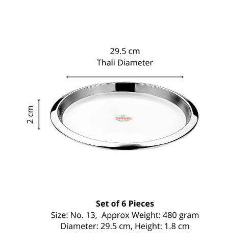 Vinod Stainless Steel Two Tone Plate Set of 6 29.5 cm Lunch Plate Dinner Plate High Grade Stainless Steel Mirror Finish Rust Free