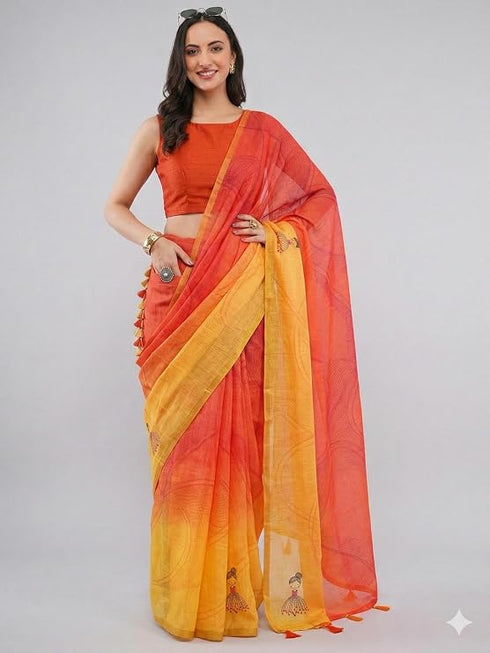Vasthrlay Women'S Red Yellow Chevron Printed Linen Saree