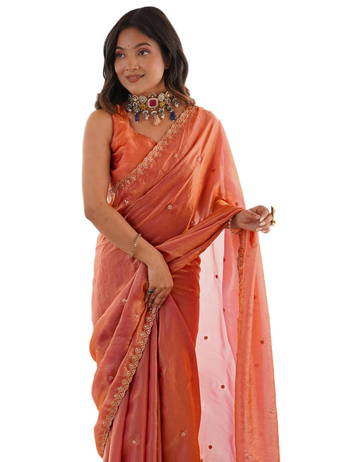 Vasthrlay Embroidery Scalloped Unstitched Peach Saree