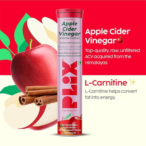 Plix LCarnitine Apple Cider Vinegar With The MotherApple & Cinnamon 15 Effervescent Tablet Each