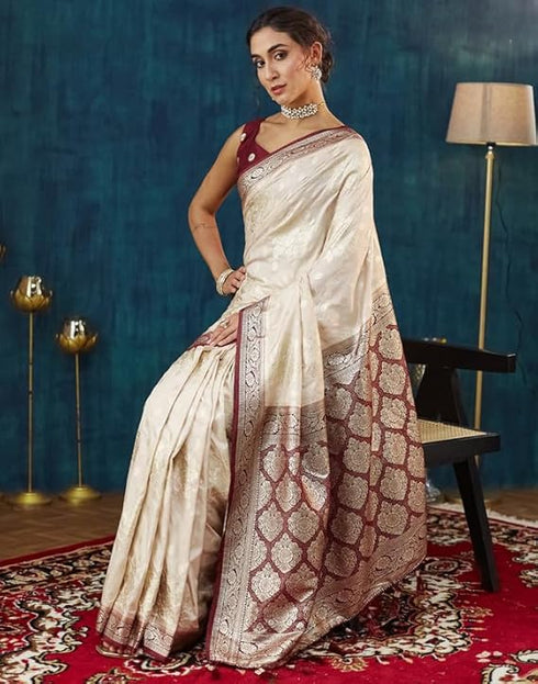 Vasthrlay Banarasi Jacquard Unstitched White Saree