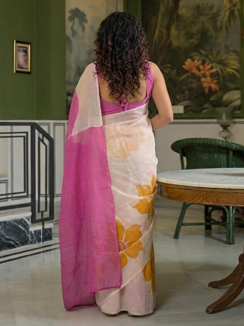 Vasthrlay Womens Printed Unstitched Beige Saree