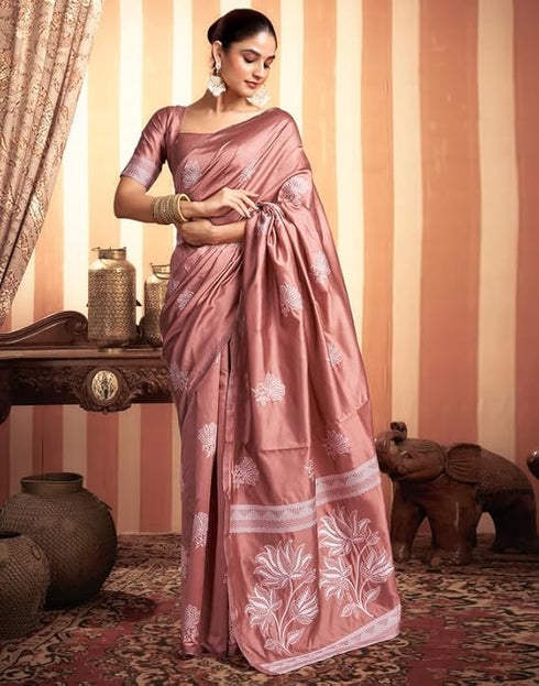 Vasthrlay Womens Kanjivaram Unstitched Dusty Pink Saree