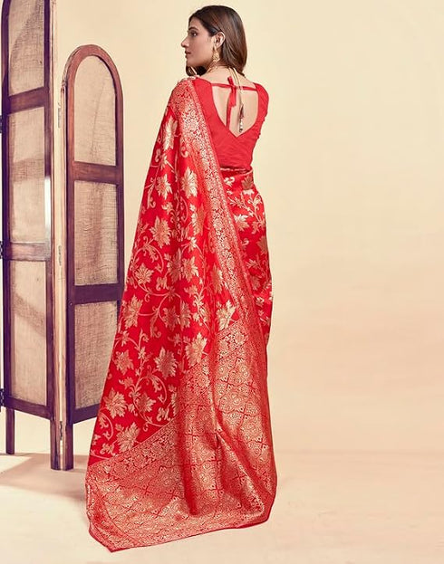 Vasthrlay Womens Jacquard Red | Golden Saree With Unstitched Blouse Piece