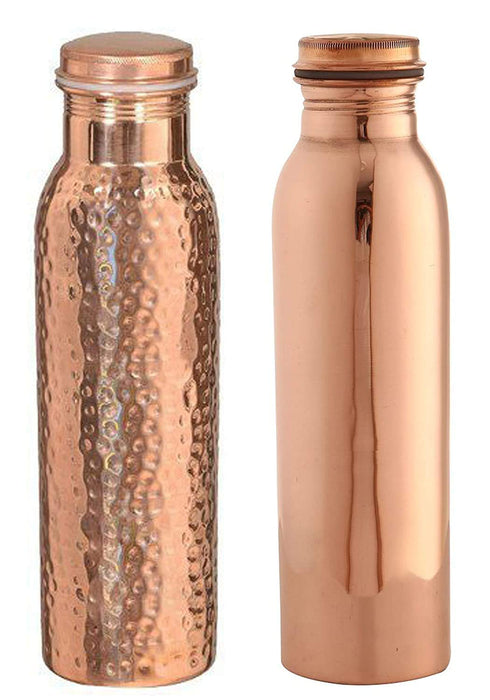 Hammered and Plain Copper Water Bottle Combo Set, 900Ml