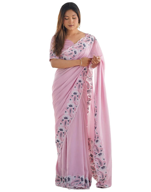 Vasthrlay Embroidery Scalloped Unstitched Off White Saree