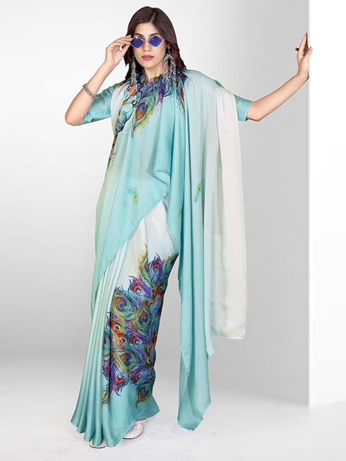Vasthrlay Printed Kaftan Freehand Light Blue Women's Satin Saree With Unstitched Blouse Piece