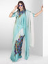 Vasthrlay Printed Kaftan Freehand Light Blue Women's Satin Saree With Unstitched Blouse Piece