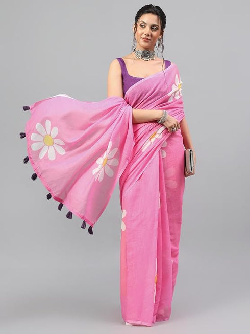 Vasthrlay Pink Linen Floral Printed Saree With Solid Unstitched Linen Blouse Piece