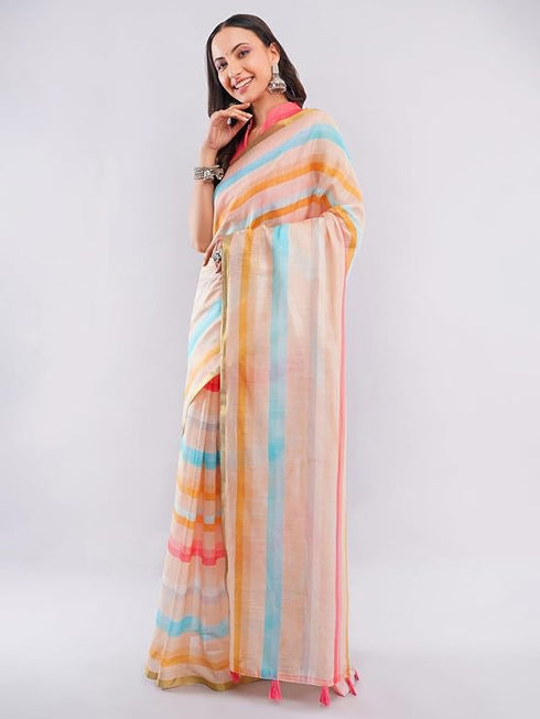 Vasthrlay Multicolour Chevron Printed Linen Saree With Unstitched Blouse