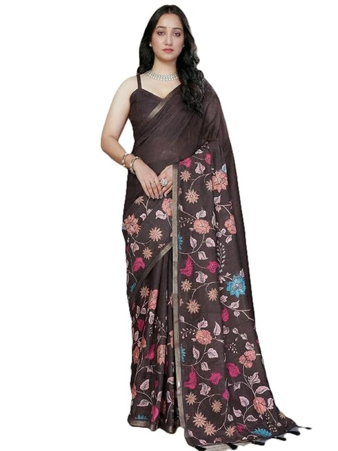 Vasthrlay Brown Floral Linen Saree With Solid Black Unstitched Blouse