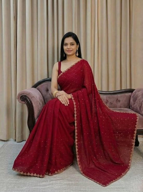 Vasthrlay Dailywear Red Georgette Stone Work Saree with Border | All-Over Stone Embellishments