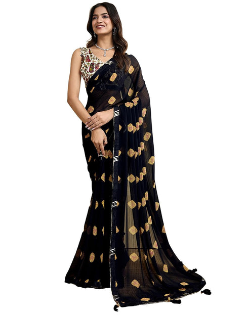 Vasthrlay Georgette Bandhani Black And Yellow Saree With Unstitched Blouse Piece