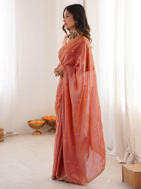 Vasthrlay Embroidery Scalloped Unstitched Peach Saree