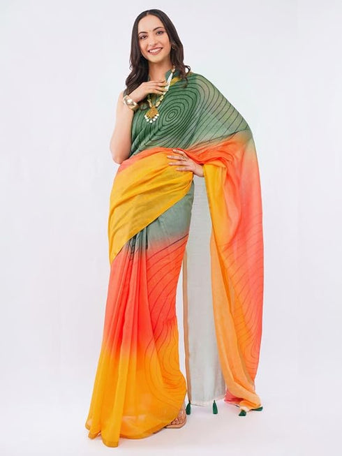 Vasthrlay Yellow2 Daisy Floral Prints Linen Saree With Zari Border And Unstitched Blouse Piece