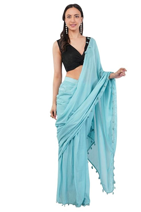 Vasthrlay Womens Turquoise Blue Cotton Ready To Wear Saree