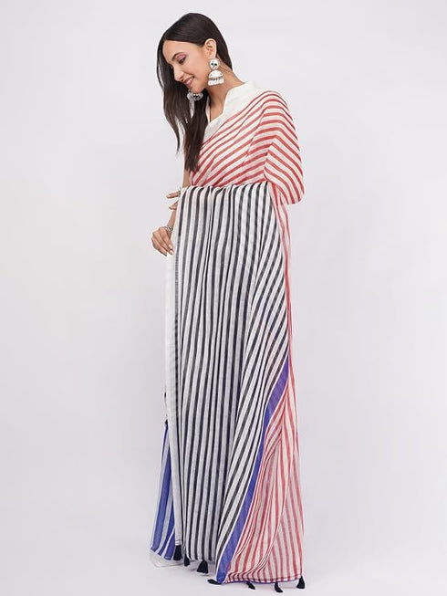 Vasthrlay Multicolour Womens Printed Linen Saree With Unstitched Blouse Piece