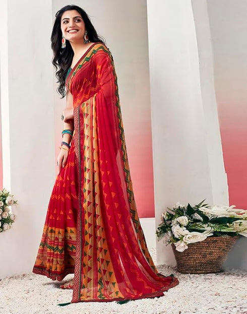 Vasthrlay Chiffon Tassels Unstitched Dark Green Saree