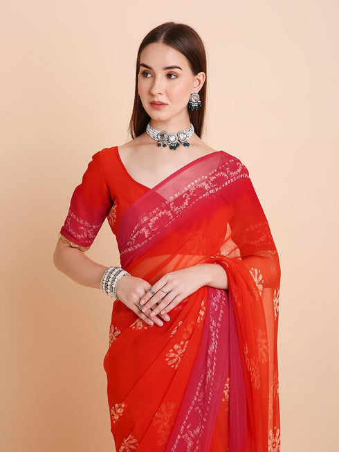 Vasthrlay Chiffon Printed Tie Dye Orange Saree
